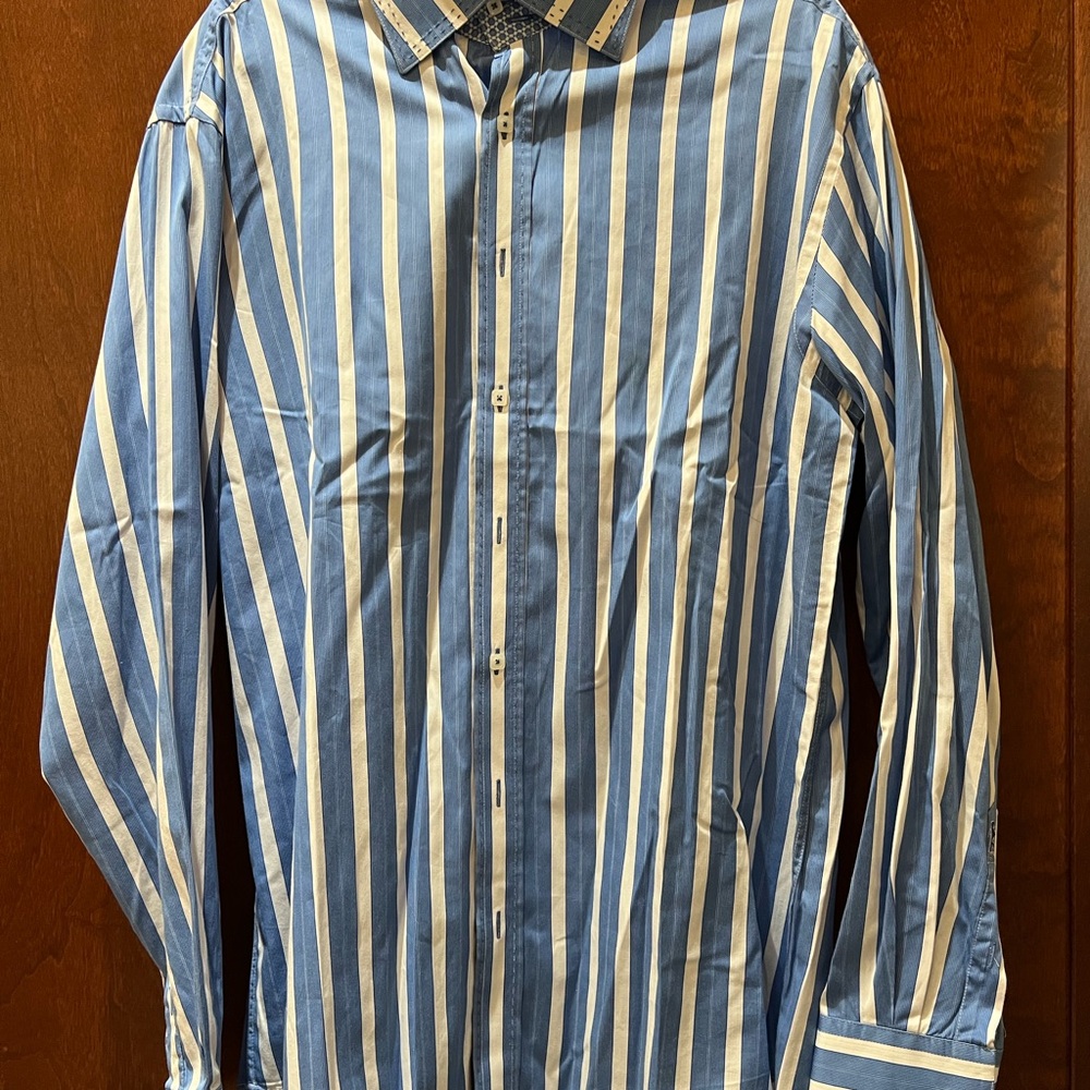 Bugatchi Blue and White Striped Casual Shirt
